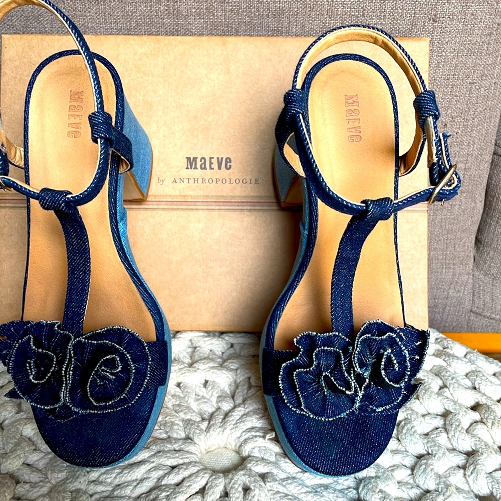 Maeve Two-Tone Denim Platform Sandals with Rosette - Picture 6 of 16